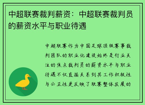 中超联赛裁判薪资：中超联赛裁判员的薪资水平与职业待遇